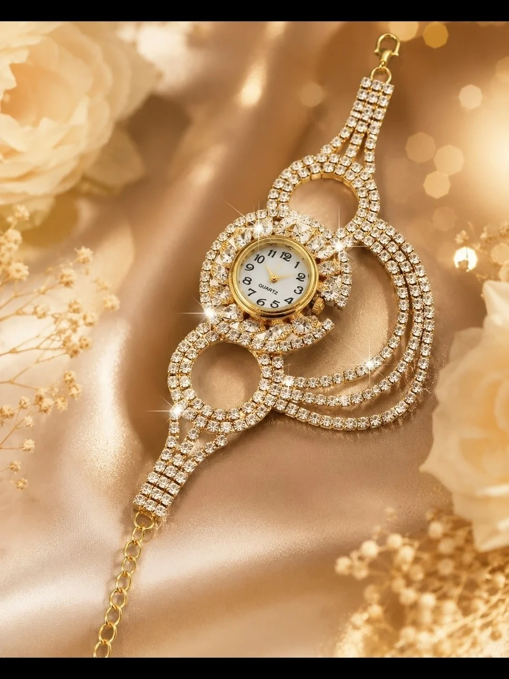 Women Gold Crystal Bracelet Watch Accessories- Battery Included